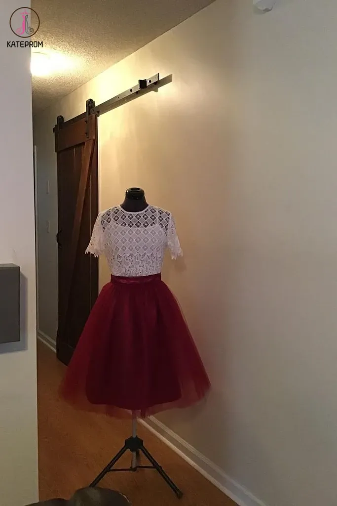 Kateprom Burgundy Short Homecoming Dress with Top Lace, Cute Short Prom Dress with Lace KPH0502