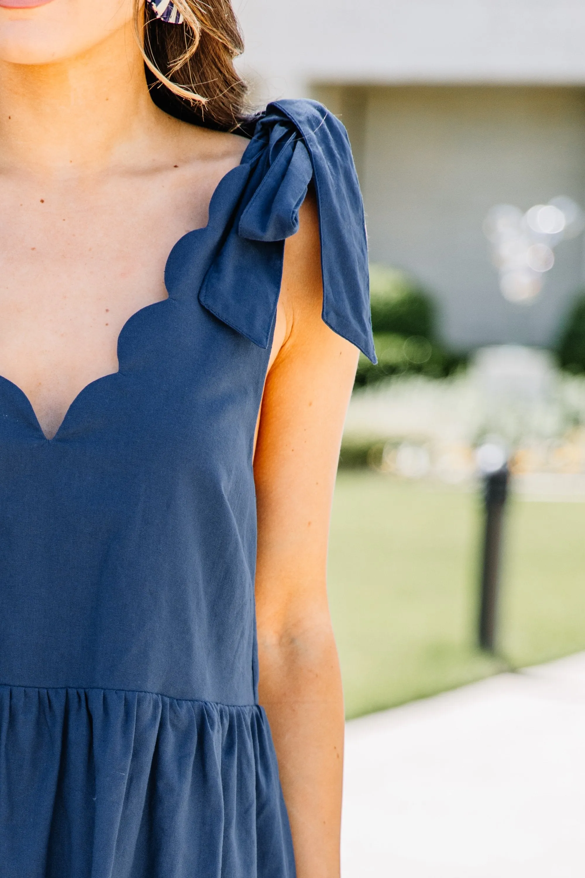 Keeping Cool Navy Blue Scalloped Dress