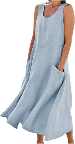 Linen Dress Women for 2025 Sleeveless Round Neck Casual Dress Loose Sun Dresses Beach Vacation Maxi Dress with Pocket