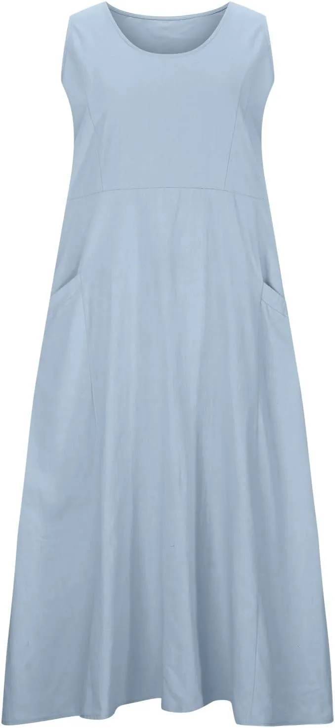 Linen Dress Women for 2025 Sleeveless Round Neck Casual Dress Loose Sun Dresses Beach Vacation Maxi Dress with Pocket