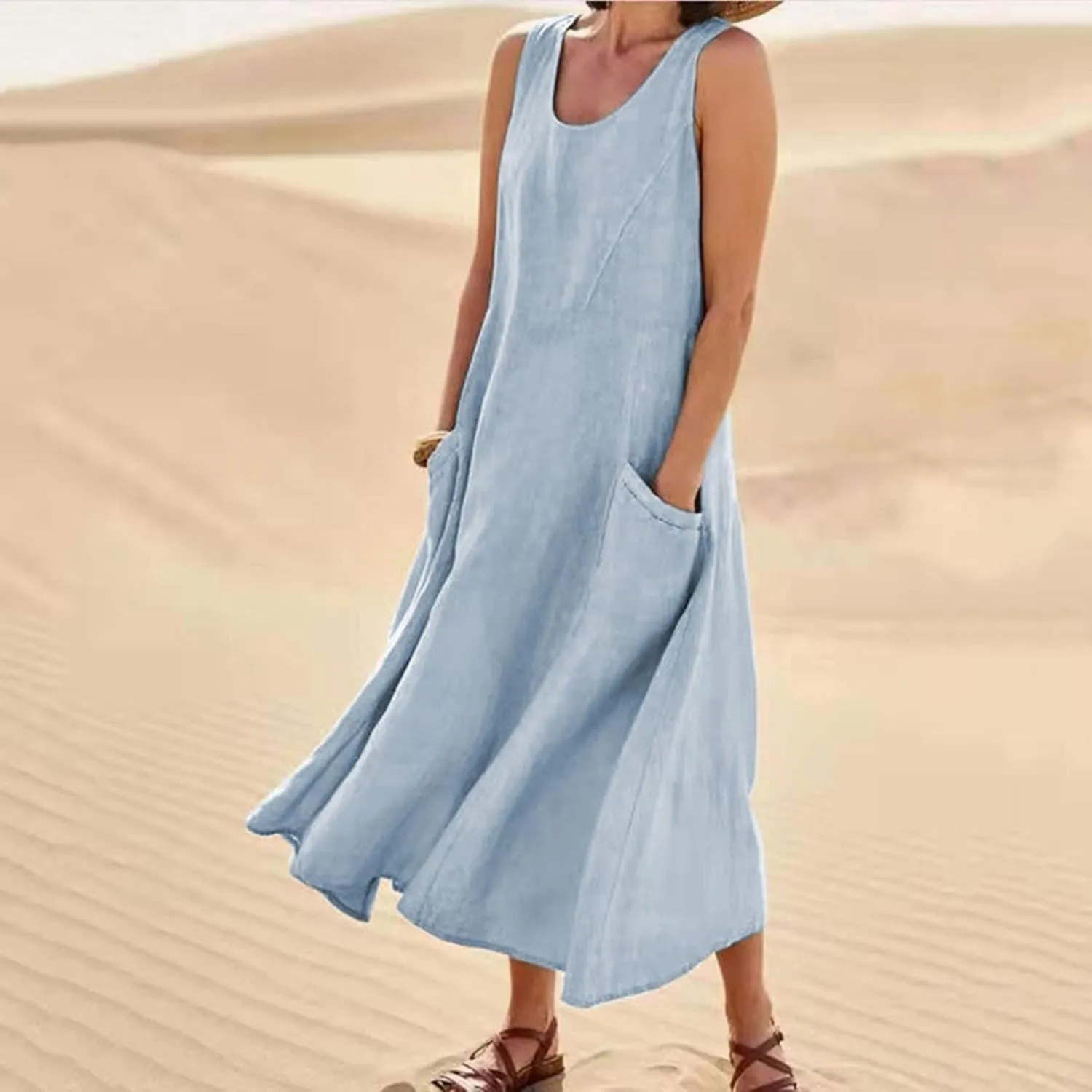 Linen Dress Women for 2025 Sleeveless Round Neck Casual Dress Loose Sun Dresses Beach Vacation Maxi Dress with Pocket