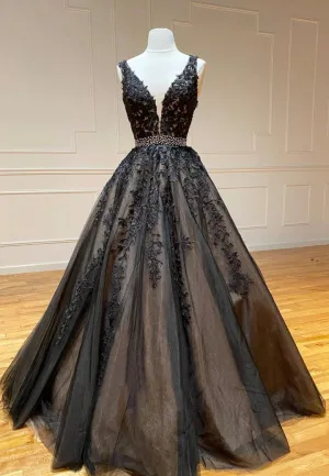 Luolandi Black V-Neck Lace Long Prom Dresses A-Line Evening Dresses Sexy