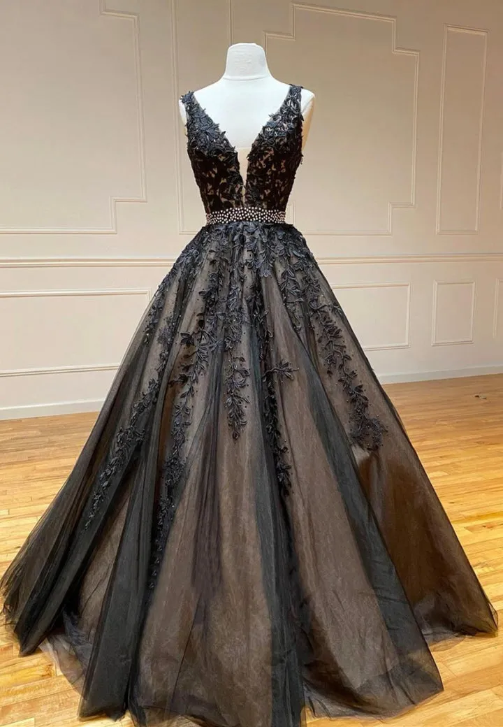 Luolandi Black V-Neck Lace Long Prom Dresses A-Line Evening Dresses Sexy