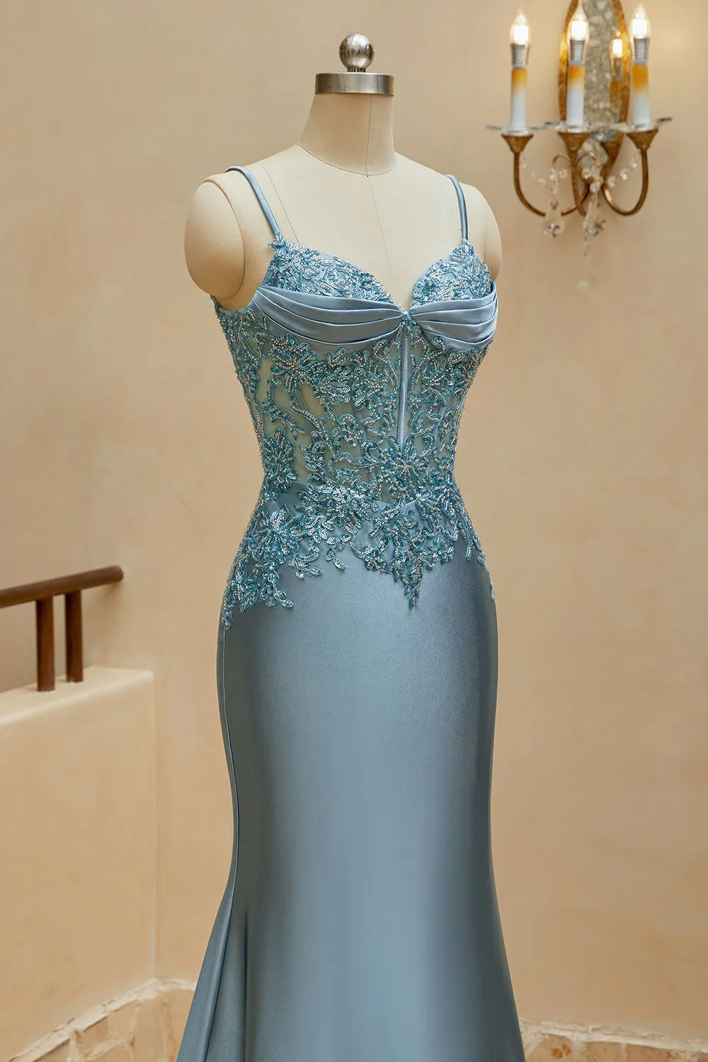 Luolandi Mermaid Spaghetti Straps Prom Dresses Satin & Lace Sweep Train Evening Dresses
