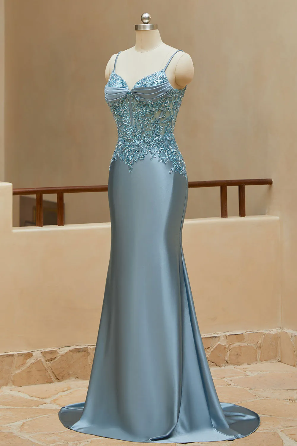 Luolandi Mermaid Spaghetti Straps Prom Dresses Satin & Lace Sweep Train Evening Dresses
