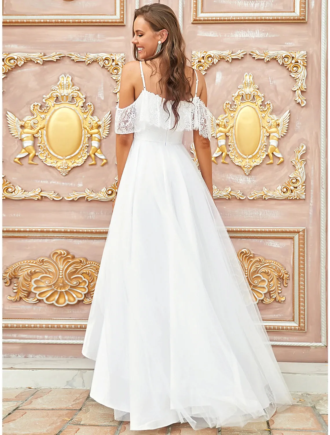 Luolandi Reception Little White Dresses Boho Wedding Dresses A-Line Off Shoulder Short Sleeve Asymmetrical Lace Bridal Gowns