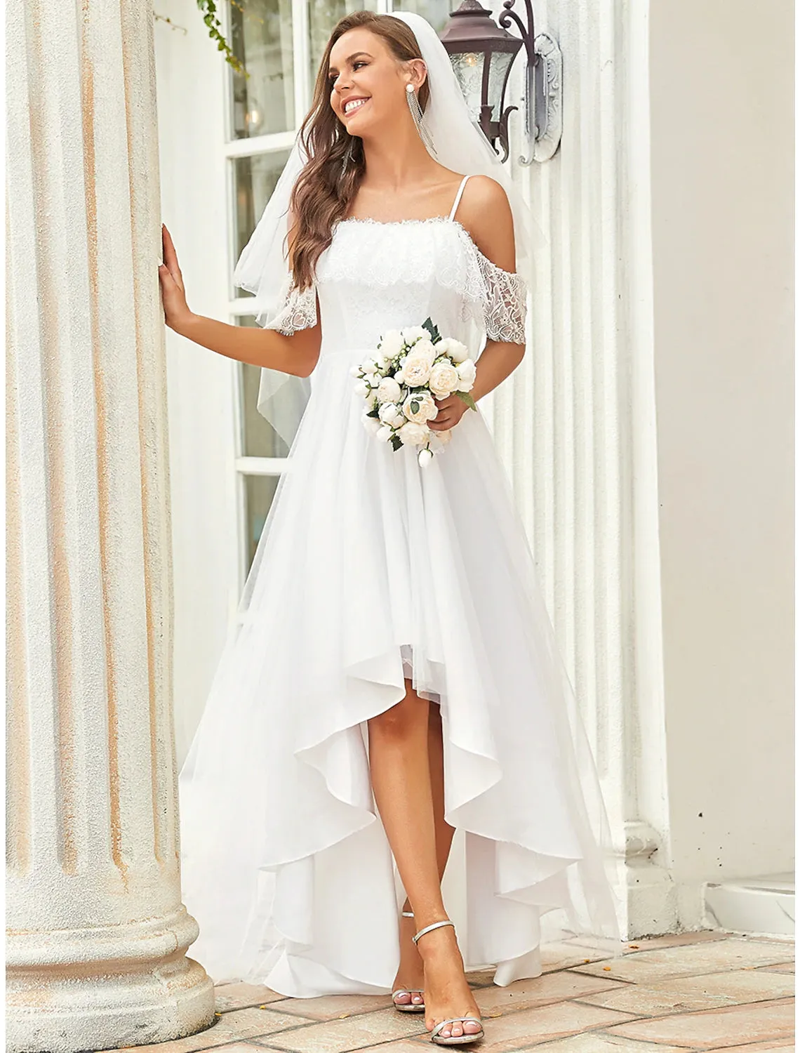 Luolandi Reception Little White Dresses Boho Wedding Dresses A-Line Off Shoulder Short Sleeve Asymmetrical Lace Bridal Gowns