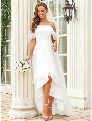 Luolandi Reception Little White Dresses Boho Wedding Dresses A-Line Off Shoulder Short Sleeve Asymmetrical Lace Bridal Gowns