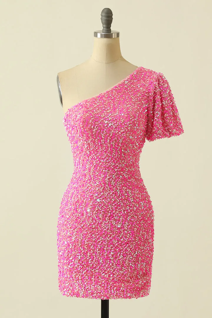Luolandi Sexy Bodycon Sequin One Shoulder Homecoming Dresses Sparkly