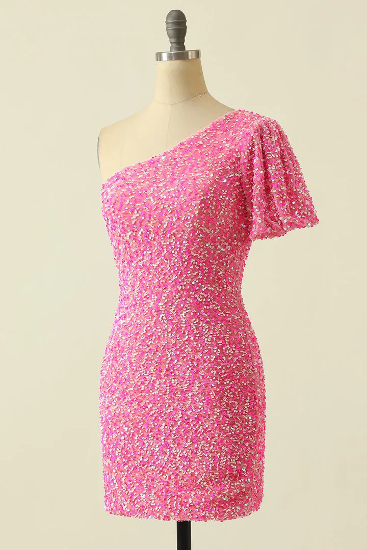Luolandi Sexy Bodycon Sequin One Shoulder Homecoming Dresses Sparkly
