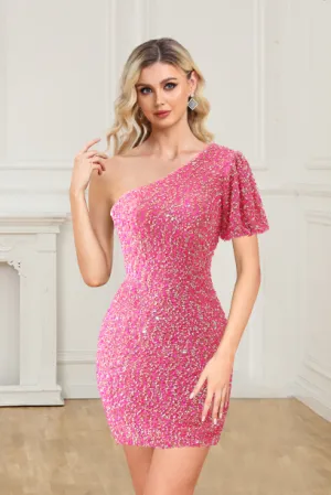 Luolandi Sexy Bodycon Sequin One Shoulder Homecoming Dresses Sparkly