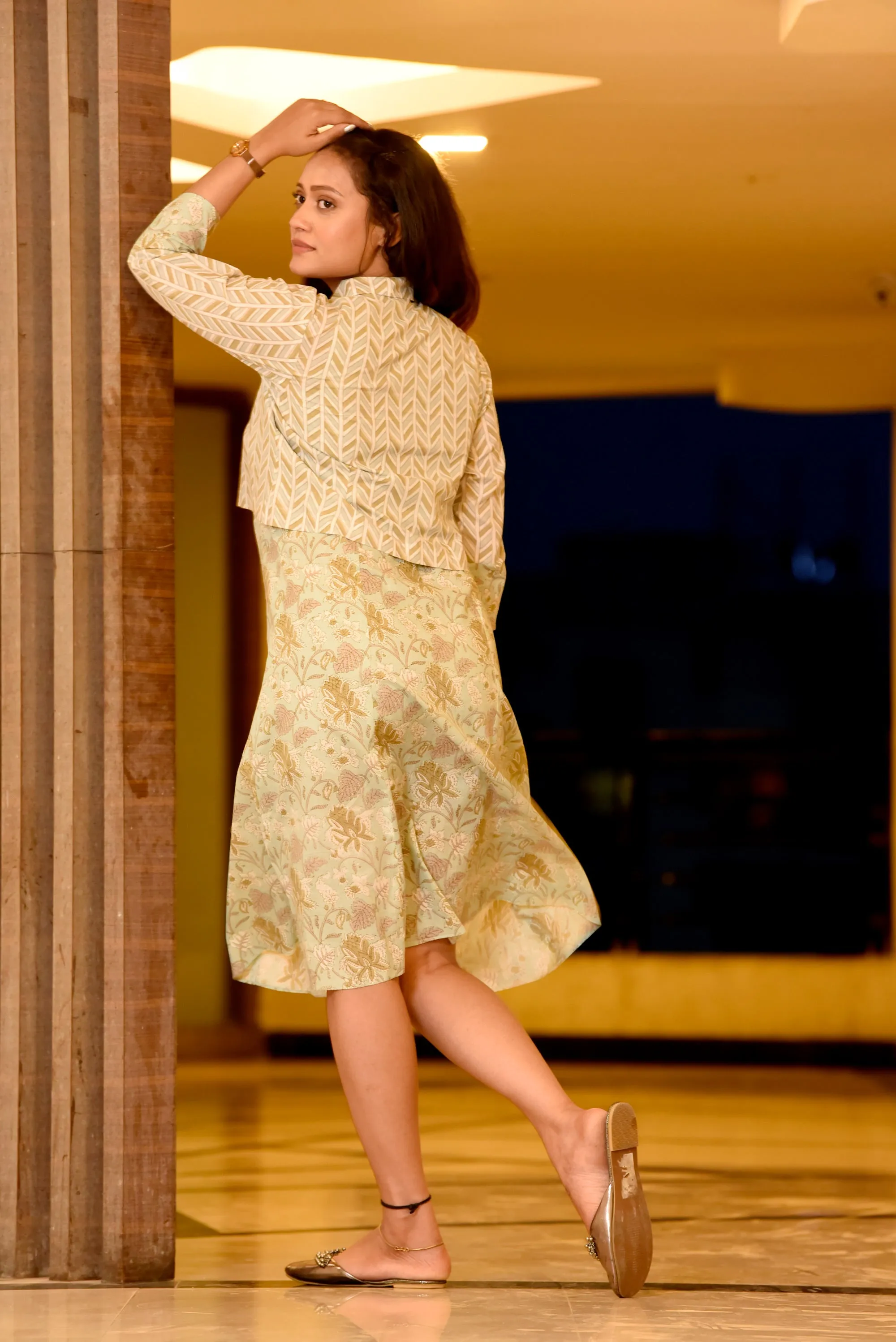 Mint Jaipuri Cotton Dress with Short Jacket