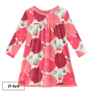 Natural Dahlias Print Classic Long Sleeve Swing Dress - Select Size