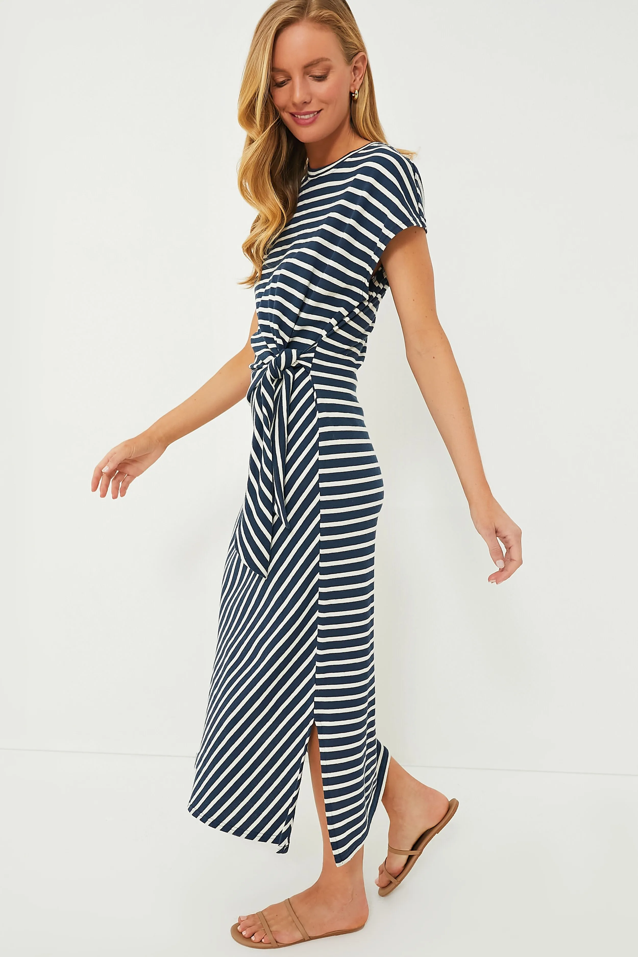 Navy and Cream Stripe Vanina Cinched Waist Dress