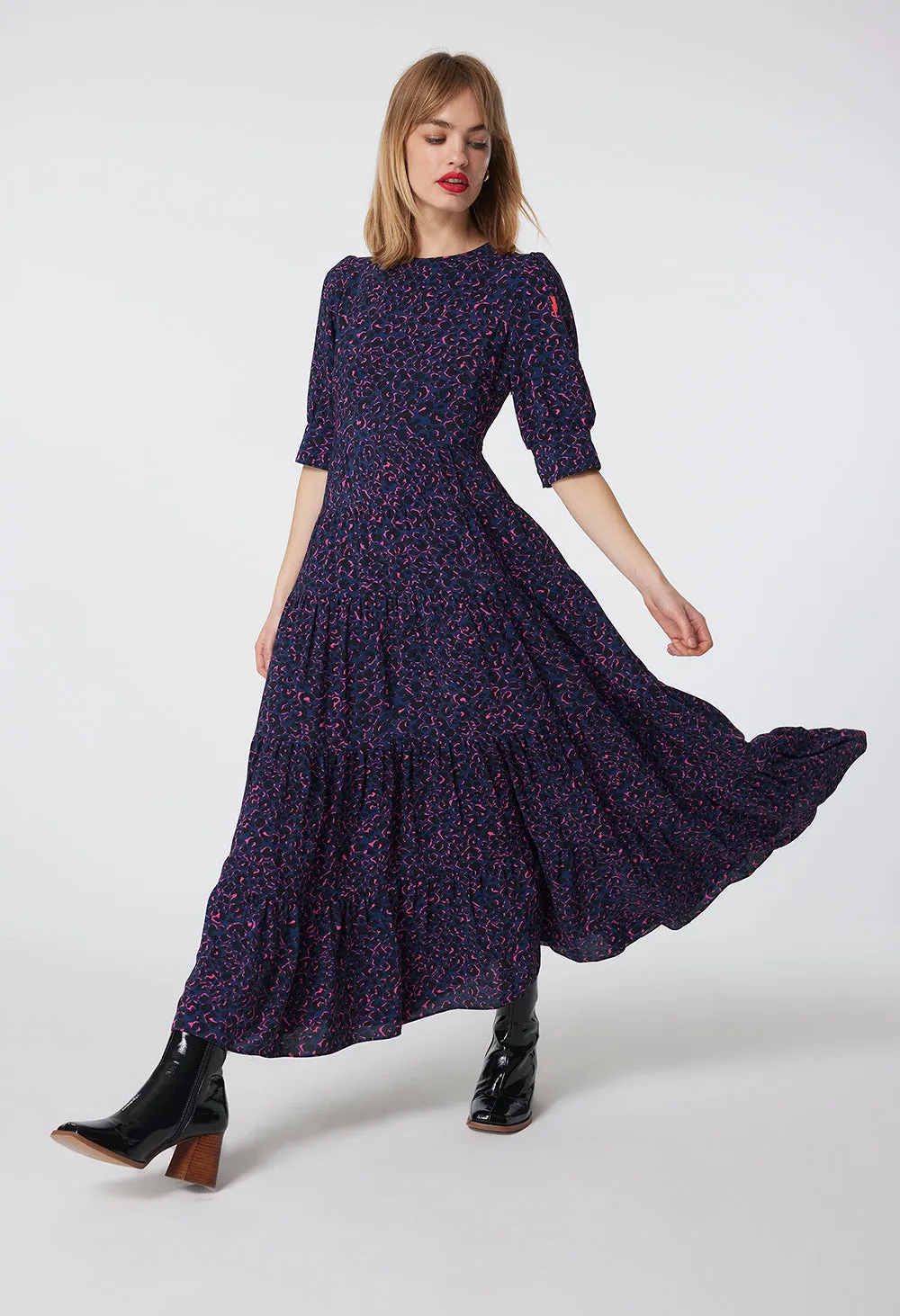 Navy with Black and Pink Small Shadow Leopard Maxi Dress