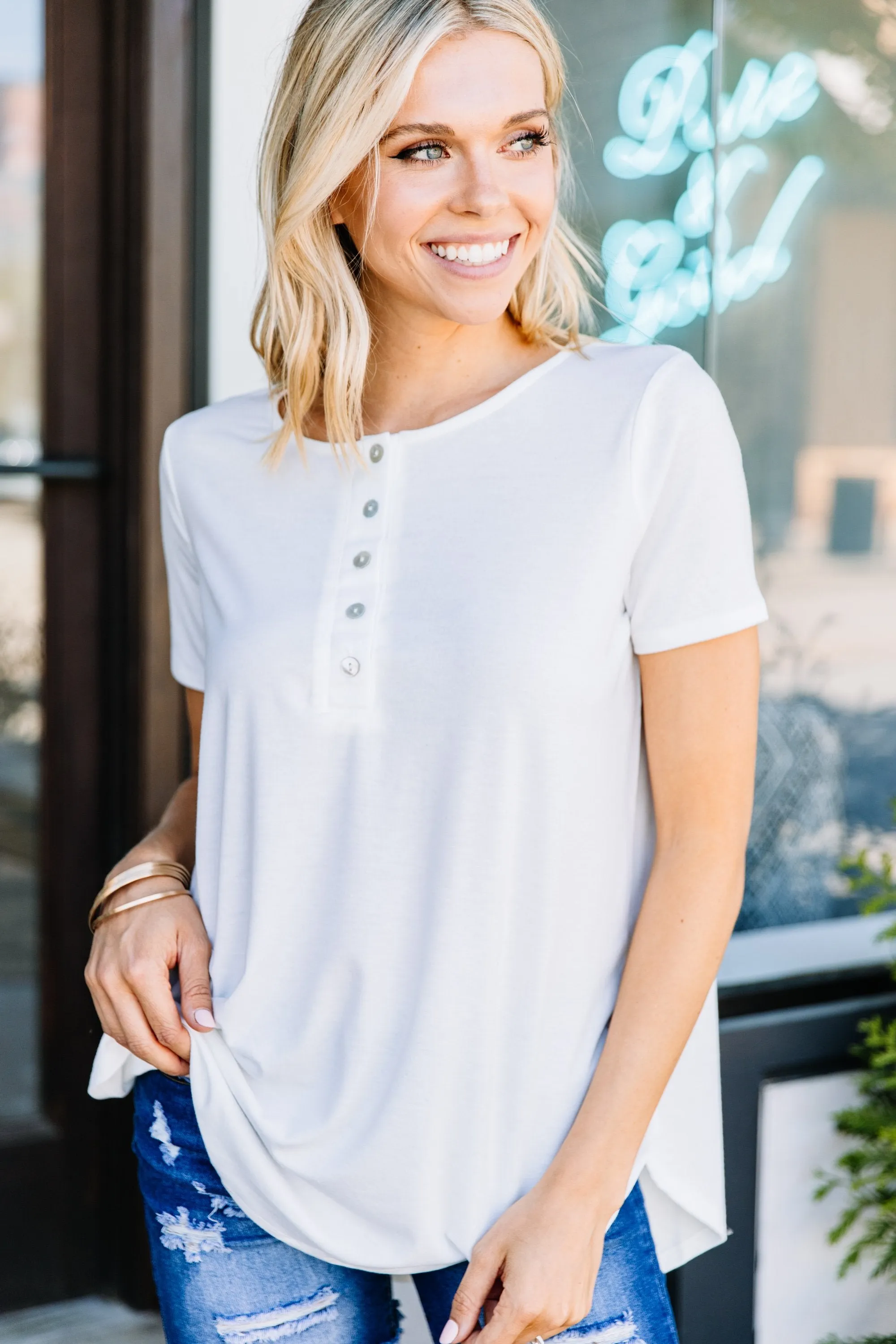 Out and About Ivory White Henley Top