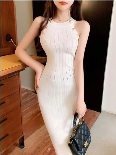 Pencil Sleeveless Halter Button Design Women Bodycon Mini Dress