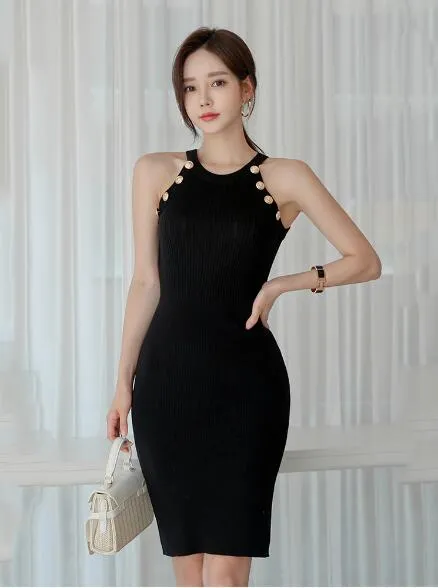Pencil Sleeveless Halter Button Design Women Bodycon Mini Dress