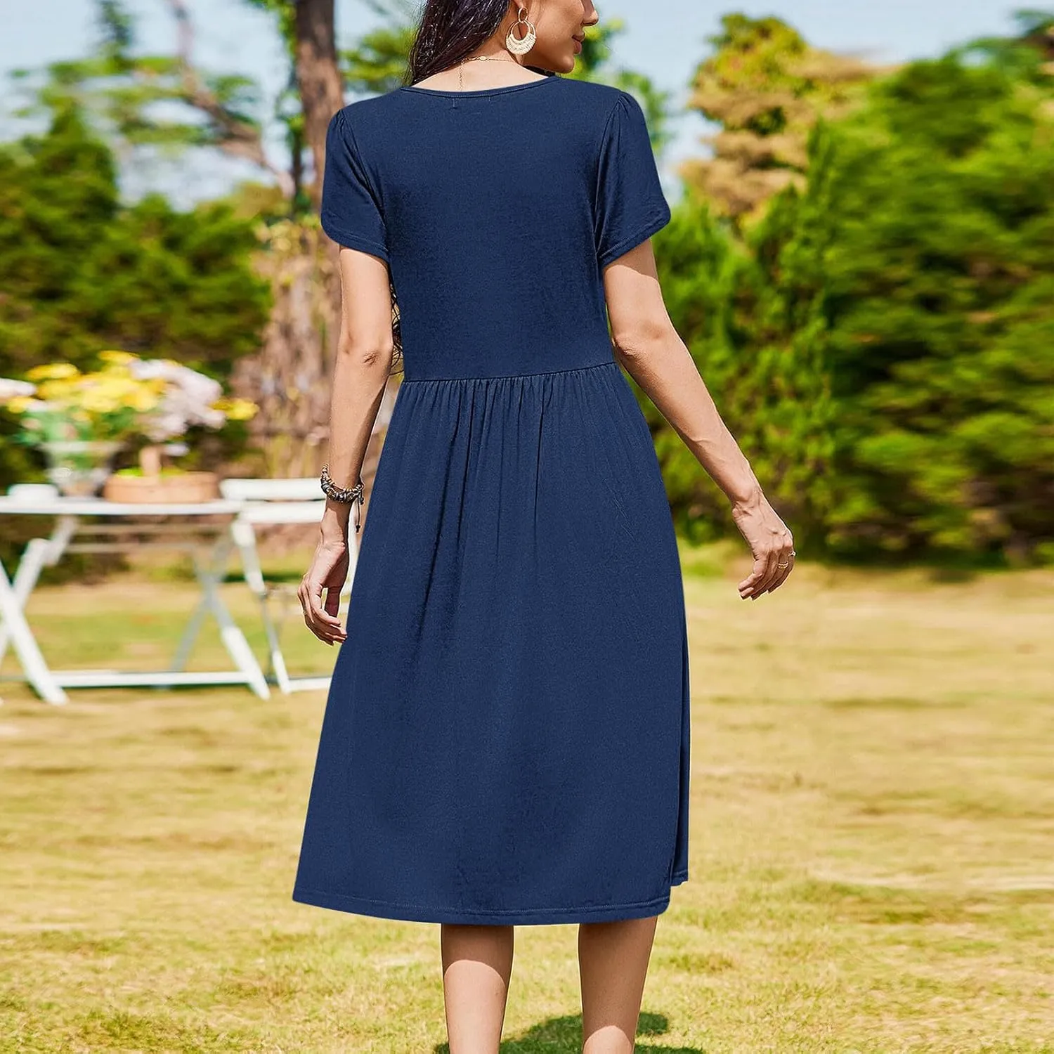 Petal Short Sleeve Midi Dresses for Women with Pockets Summer Casual Flowy Pleated A Line Swing Beach Vacation Dress