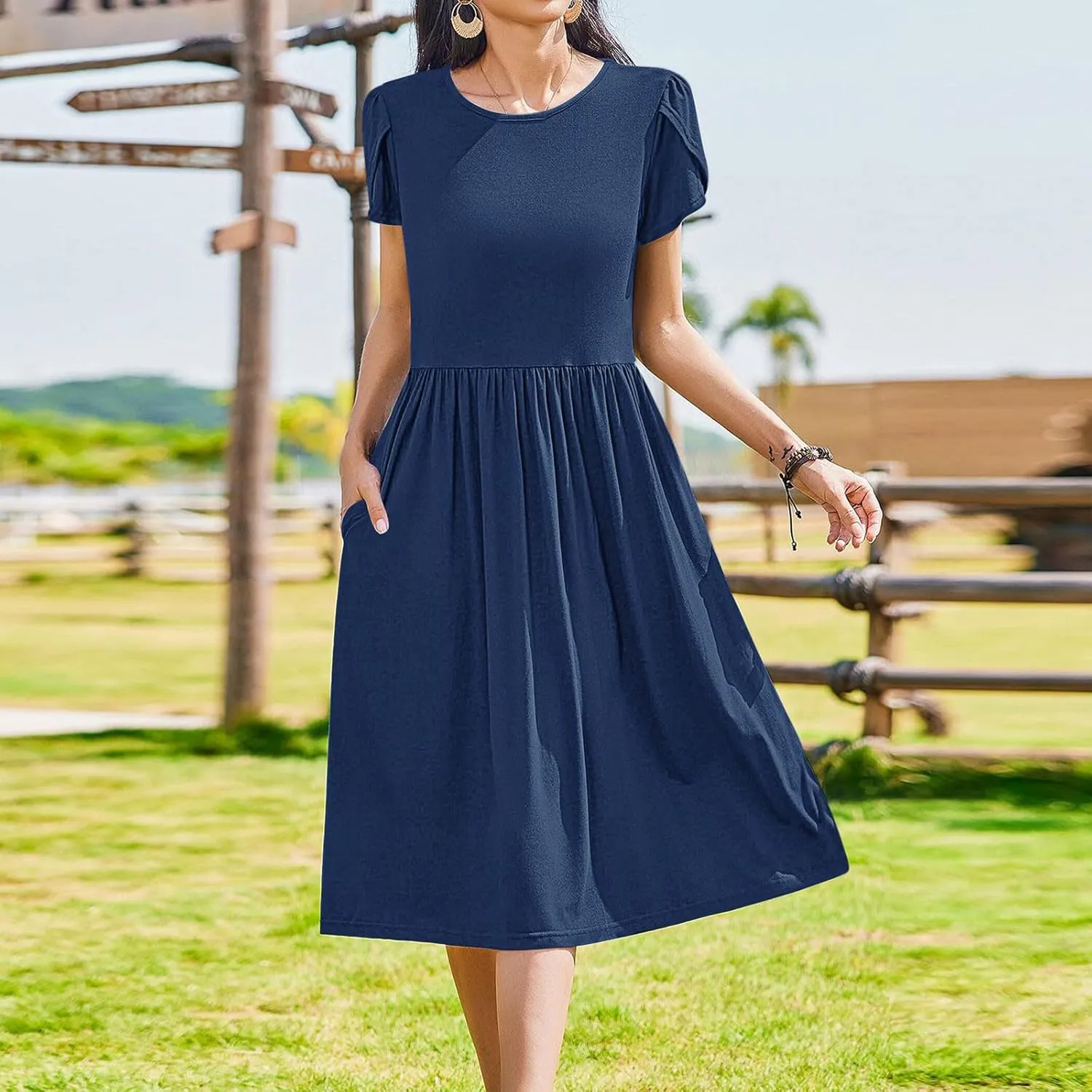 Petal Short Sleeve Midi Dresses for Women with Pockets Summer Casual Flowy Pleated A Line Swing Beach Vacation Dress