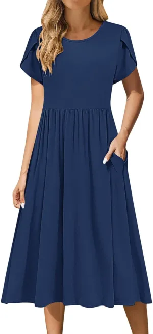 Petal Short Sleeve Midi Dresses for Women with Pockets Summer Casual Flowy Pleated A Line Swing Beach Vacation Dress