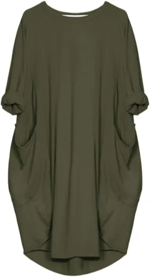 Plus Size Dresses for Women Summer Loose Crew Neck Long Sleeve Midi Dress Basic Solid Color Top Dress with Pockets
