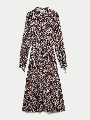 Printed tie waist midi shirt dress