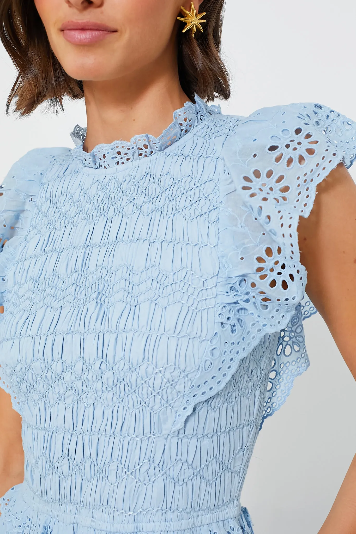 Sky Veronique Embroidery Flutter Sleeve Dress