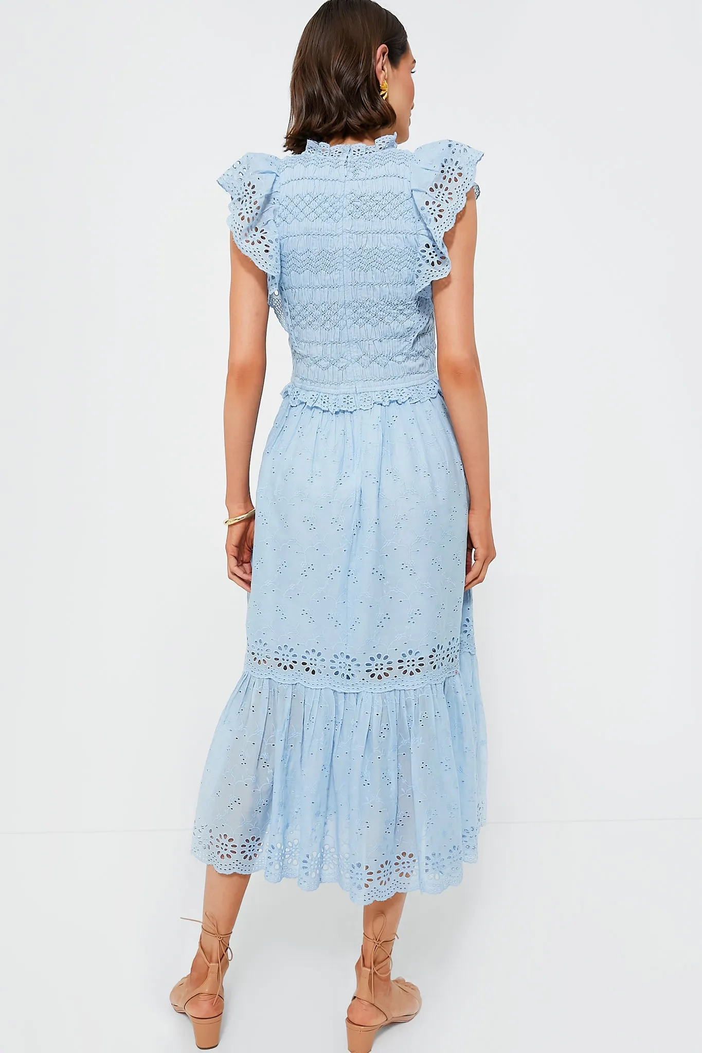 Sky Veronique Embroidery Flutter Sleeve Dress