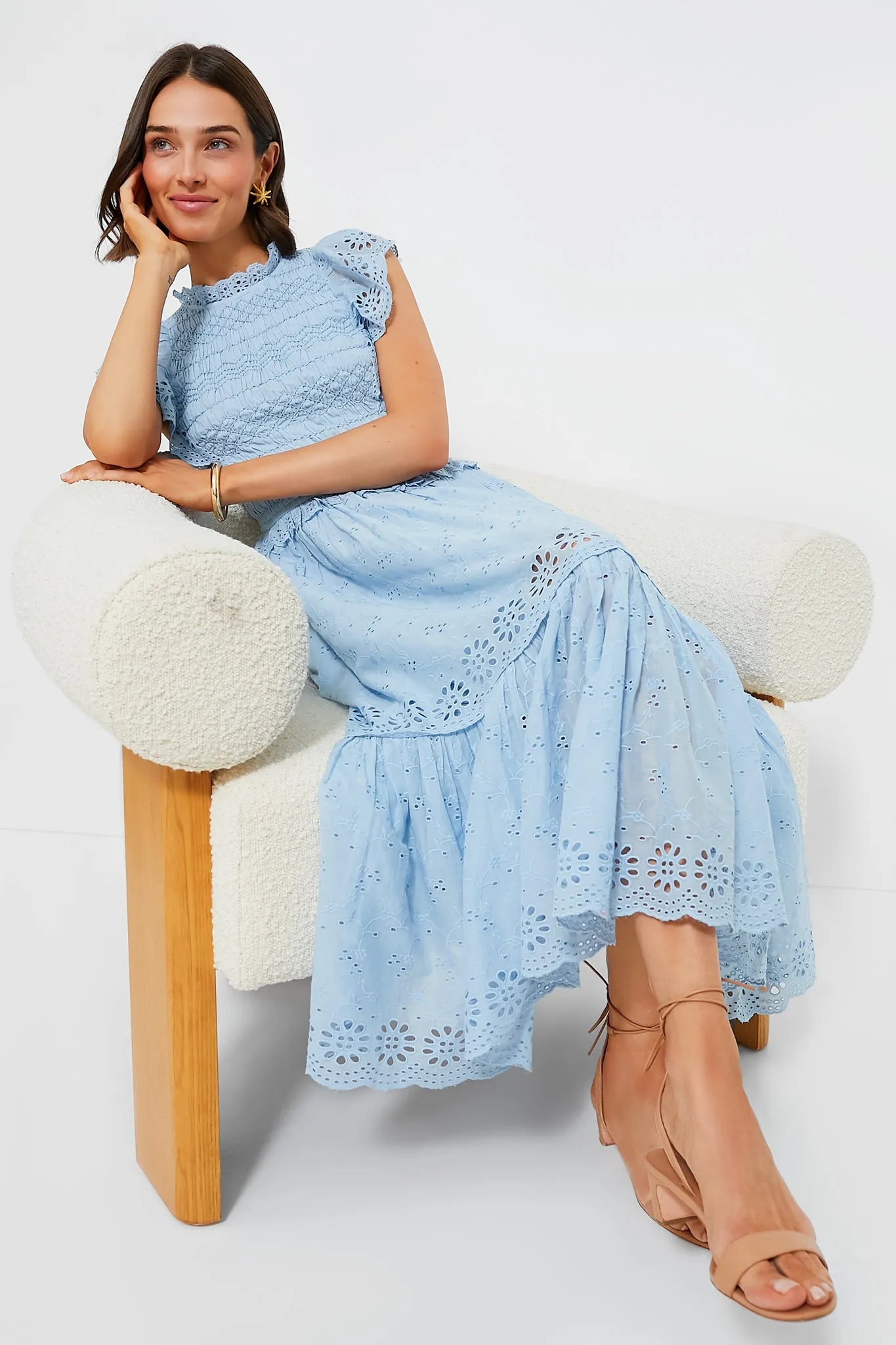 Sky Veronique Embroidery Flutter Sleeve Dress