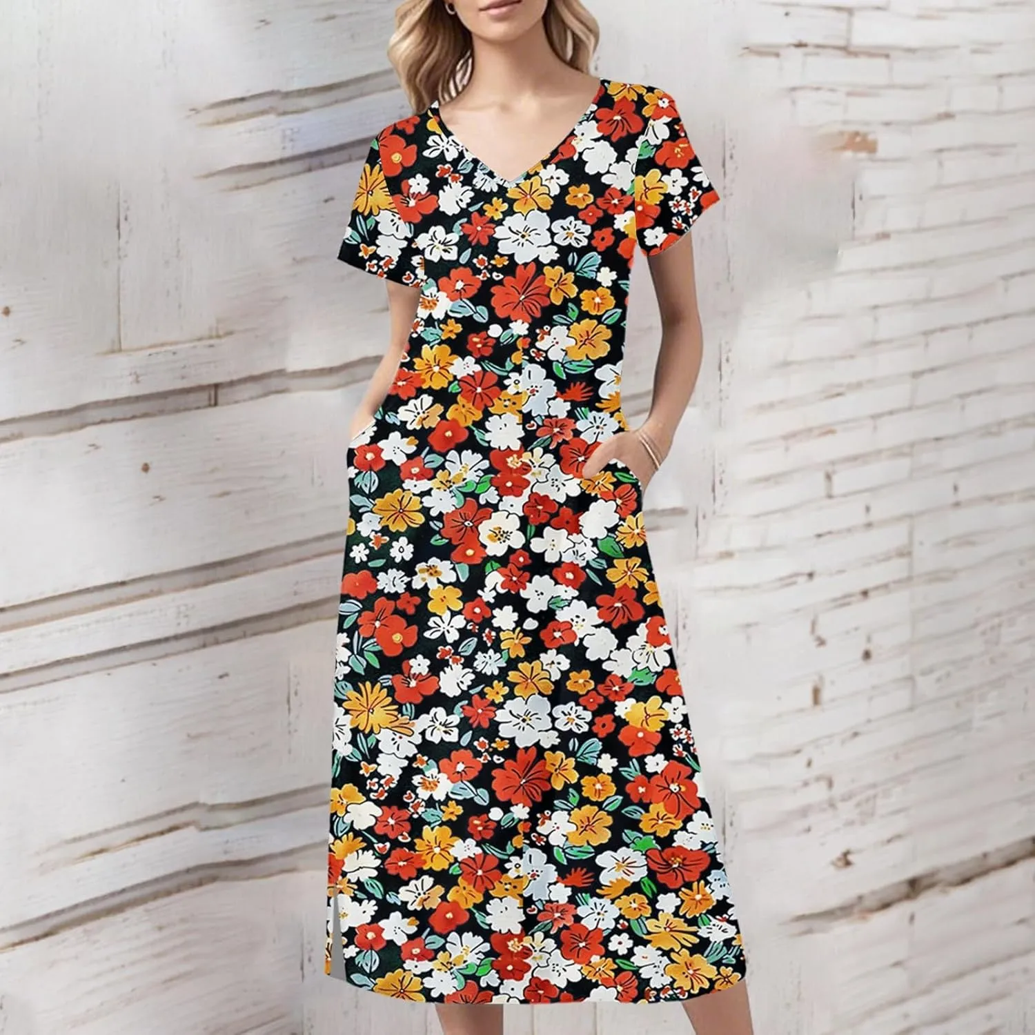Spring Dresses for Women 2025 Midi Short Sleeve A Line Dress Loose Flowy T Shirt Dresses Beach Dress with Pockets