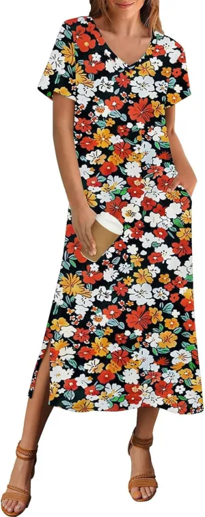 Spring Dresses for Women 2025 Midi Short Sleeve A Line Dress Loose Flowy T Shirt Dresses Beach Dress with Pockets