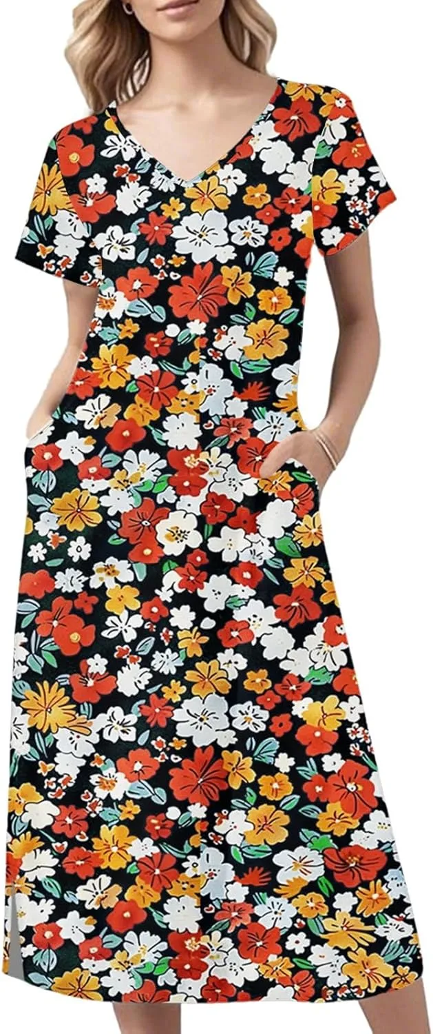 Spring Dresses for Women 2025 Midi Short Sleeve A Line Dress Loose Flowy T Shirt Dresses Beach Dress with Pockets