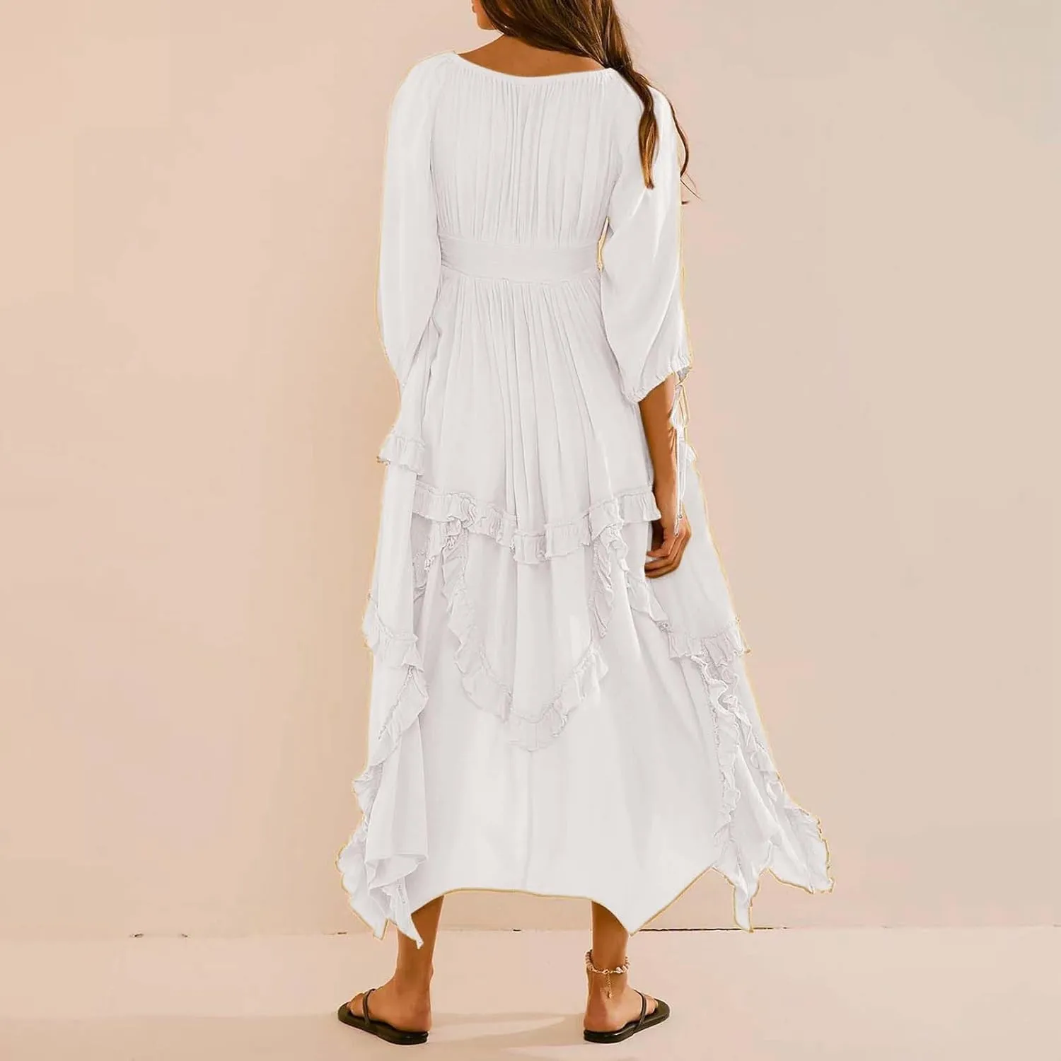 Spring Dresses for Women 2025, Women's Boho Lantern Sleeve Square Neck Smocked High Waist Flowy A Line Ruffle Hem Maxi Dress