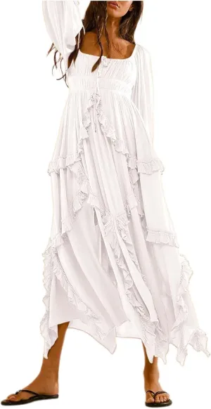 Spring Dresses for Women 2025, Women's Boho Lantern Sleeve Square Neck Smocked High Waist Flowy A Line Ruffle Hem Maxi Dress