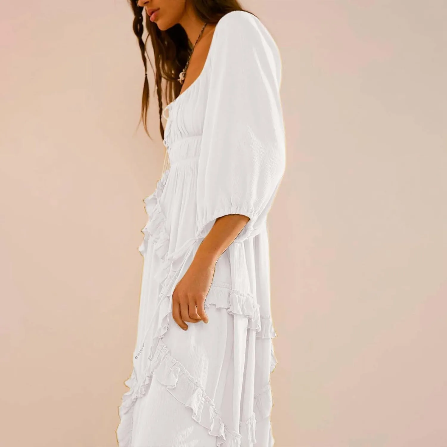 Spring Dresses for Women 2025, Women's Boho Lantern Sleeve Square Neck Smocked High Waist Flowy A Line Ruffle Hem Maxi Dress