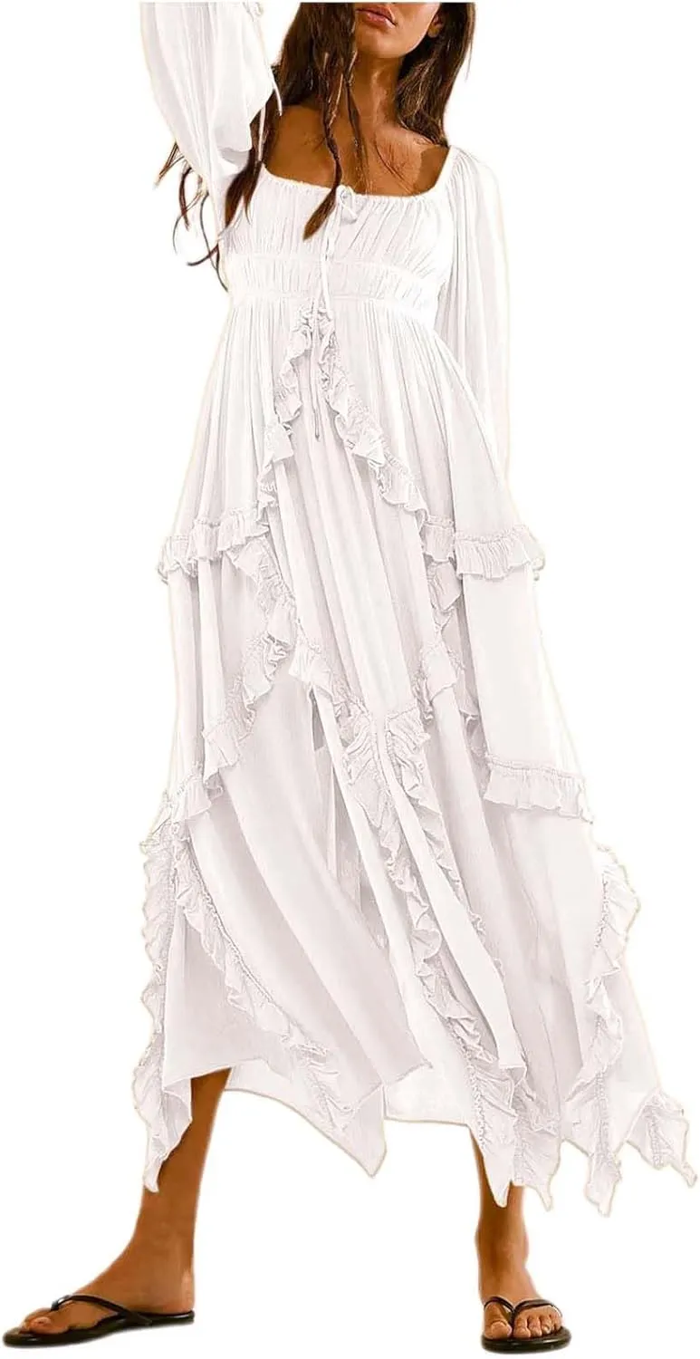 Spring Dresses for Women 2025, Women's Boho Lantern Sleeve Square Neck Smocked High Waist Flowy A Line Ruffle Hem Maxi Dress