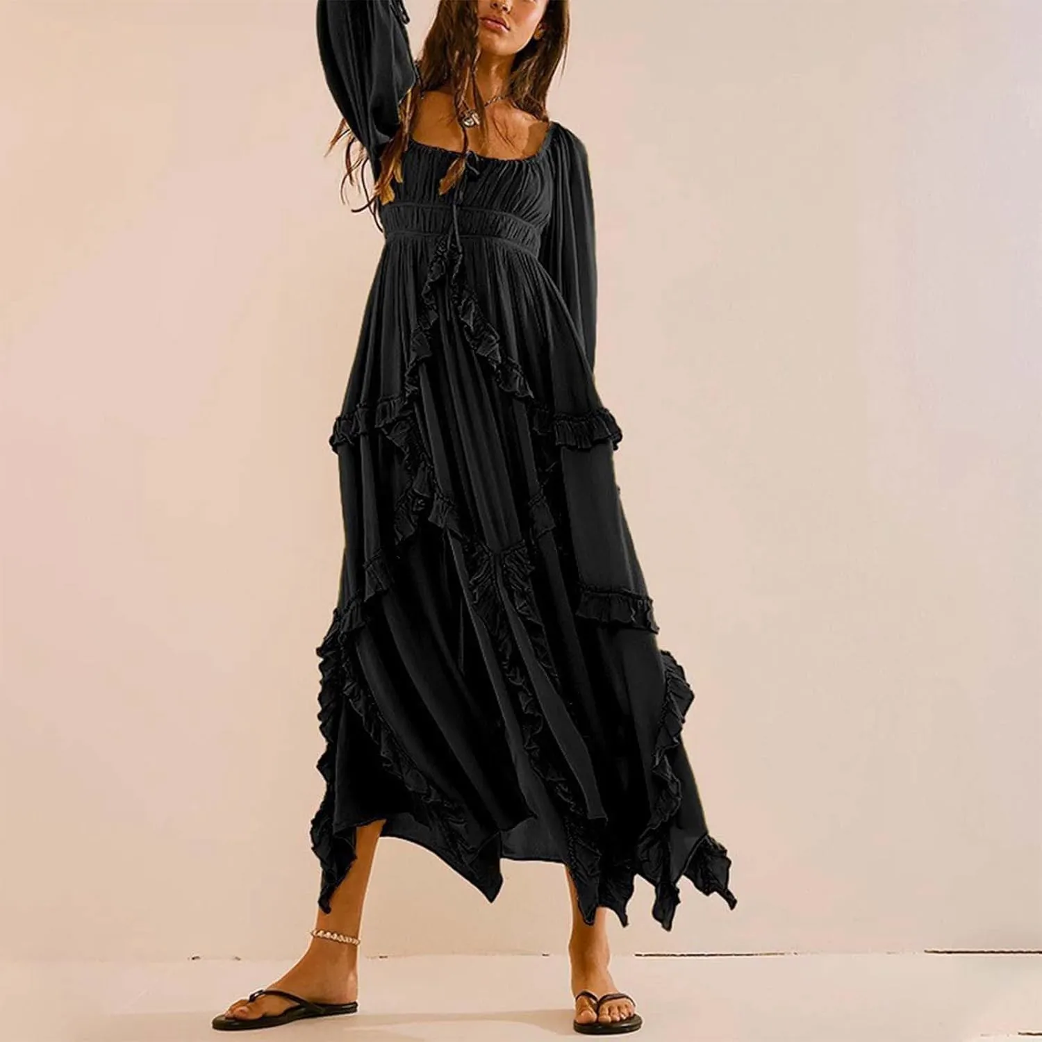 Spring Dresses for Women 2025, Women's Boho Lantern Sleeve Square Neck Smocked High Waist Flowy A Line Ruffle Hem Maxi Dress