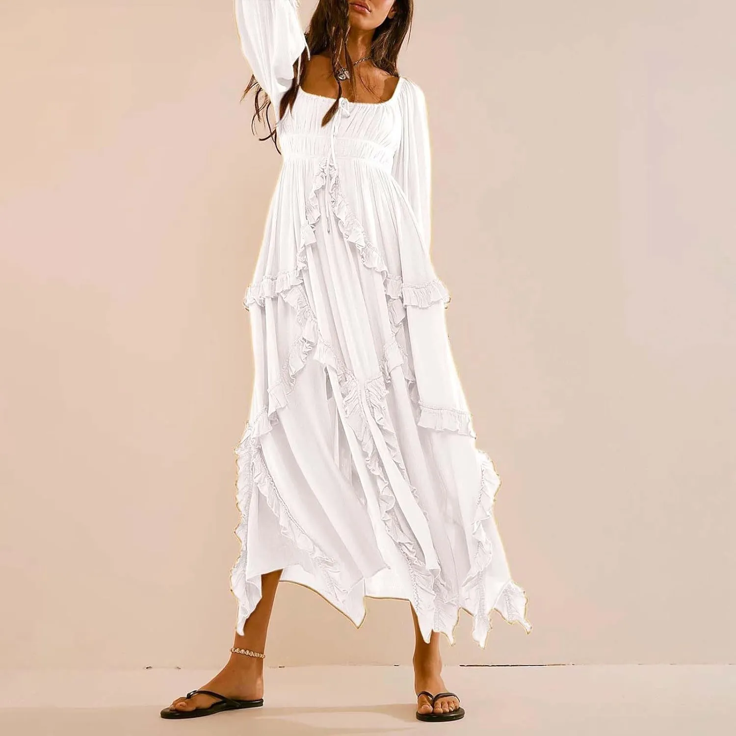 Spring Dresses for Women 2025, Women's Boho Lantern Sleeve Square Neck Smocked High Waist Flowy A Line Ruffle Hem Maxi Dress