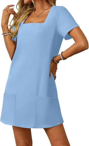 Summer Dress for Women Short Sleeve Square Neck Dresses Solid Color Tshirt Mini Dresses Casual Dress with Pockets