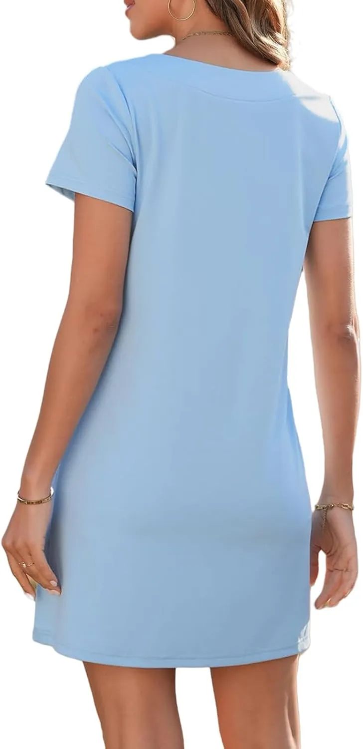 Summer Dress for Women Short Sleeve Square Neck Dresses Solid Color Tshirt Mini Dresses Casual Dress with Pockets