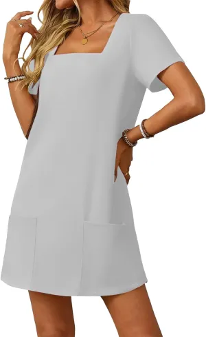 Summer Dress for Women Short Sleeve Square Neck Dresses Solid Color Tshirt Mini Dresses Casual Dress with Pockets Summer Dress for Women Short Sleeve Square Neck Dresses Solid Color Tshirt Mini Dresses Casual Dress with Pockets