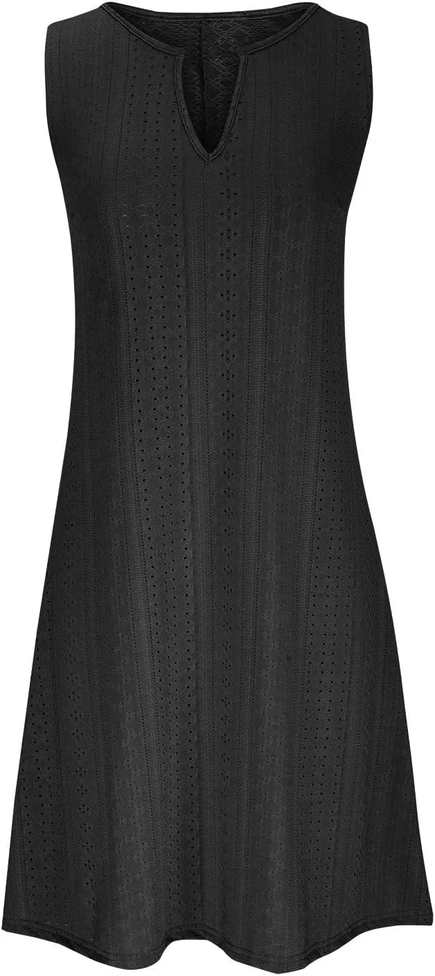 Summer Dresses for Women Sleeveless Eyelet Dress V Neck Midi Dress Elegant Beach Dress Casual Loose Vacation Dress