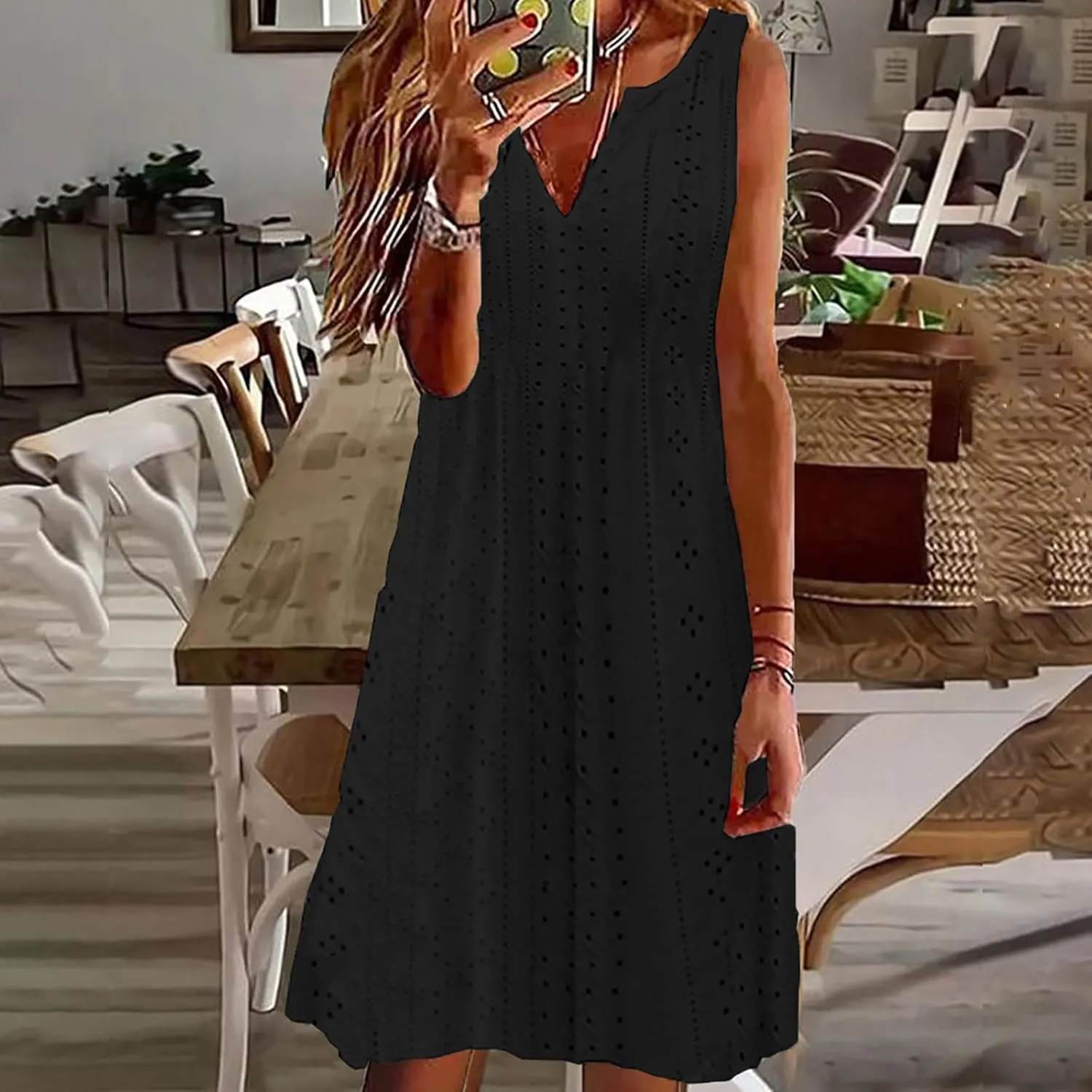 Summer Dresses for Women Sleeveless Eyelet Dress V Neck Midi Dress Elegant Beach Dress Casual Loose Vacation Dress
