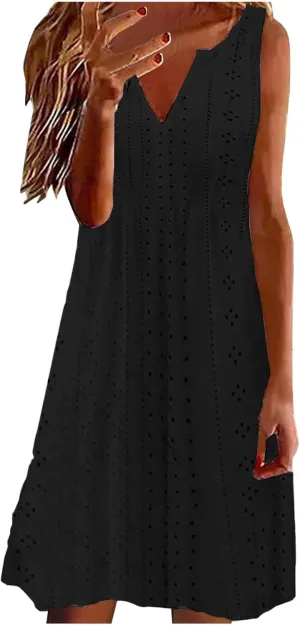 Summer Dresses for Women Sleeveless Eyelet Dress V Neck Midi Dress Elegant Beach Dress Casual Loose Vacation Dress
