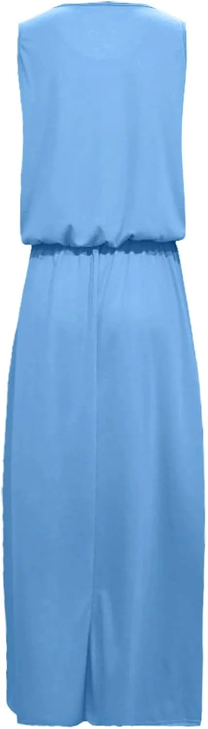 Summer Maxi Sundress for Women Casual Sleeveless Tank Dresses Trendy 2024 Side Split Long Dress with Pockets