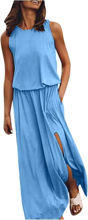 Summer Maxi Sundress for Women Casual Sleeveless Tank Dresses Trendy 2024 Side Split Long Dress with Pockets