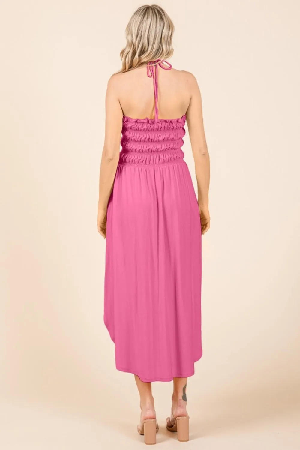 Tie Back Flamingo Pink Shirring Dress with Pockets