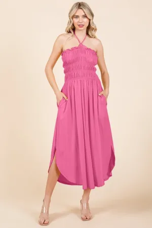 Tie Back Flamingo Pink Shirring Dress with Pockets