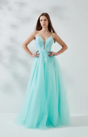 V-Neck Spaghetti Strap Sequin Embroidered Floor Length Prom Dress